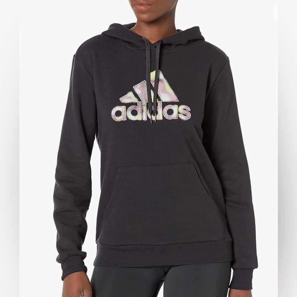 Adidas Women's Badge of Sport Two-Tone Graphic Black Fleece Hoodie Size XS - Picture 1 of 9